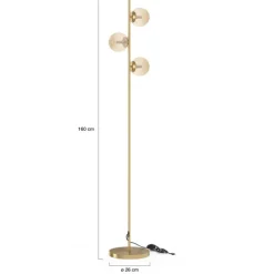 Lampadaire sur pied en métal doré avec 3 abat-jours globe verre
