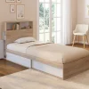 Lit 1 personne sommier 90x190 cm hêtre et blanc avec rangement et tête de lit