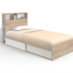 Lit 1 personne sommier 90x190 cm hêtre et blanc avec rangement et tête de lit
