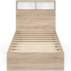Lit 1 personne sommier 90x190 cm hêtre et blanc avec rangement et tête de lit