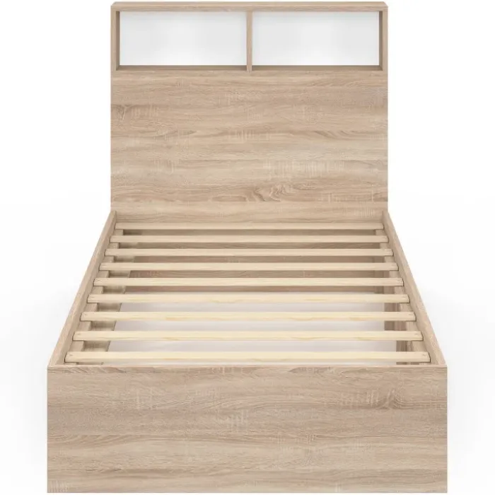 Lit 1 personne sommier 90x190 cm hêtre et blanc avec rangement et tête de lit