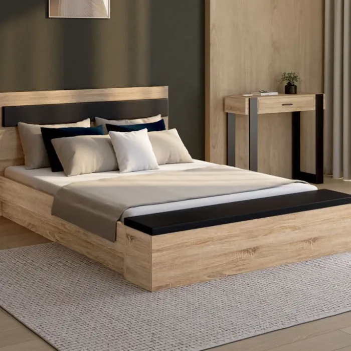 Lit 2 personnes sommier 140x190 cm avec tête de lit et banc coffre bois et noir