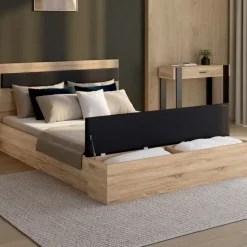 Lit 2 personnes sommier 140x190 cm avec tête de lit et banc coffre bois et noir
