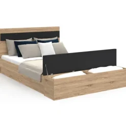 Lit 2 personnes sommier 140x190 cm avec tête de lit et banc coffre bois et noir