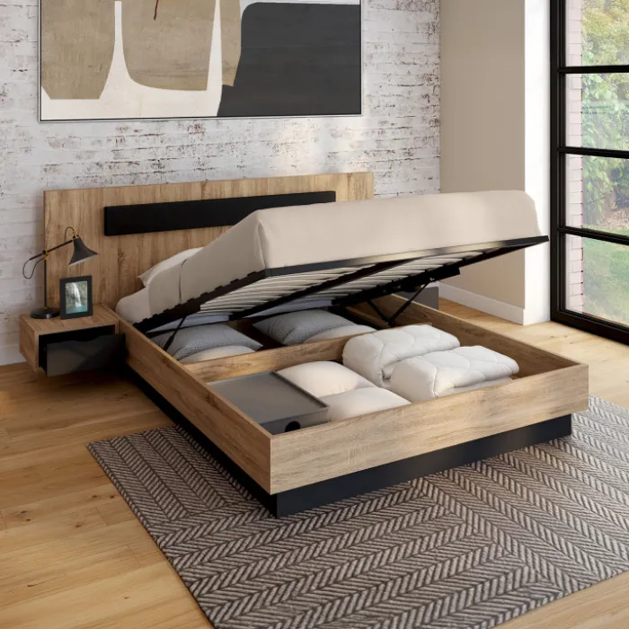 Lit 2 places double coffre 140x190 cm avec sommier et tables de chevet