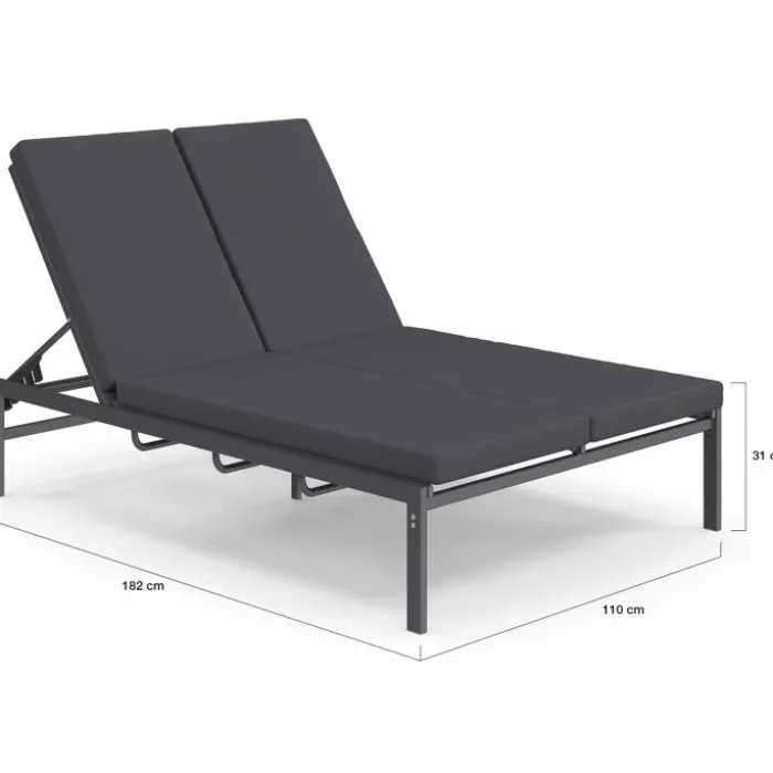 Lit bain de soleil double 182 cm métal avec matelas gris