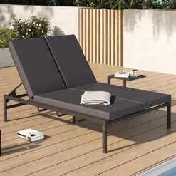 Lit bain de soleil double 182 cm métal avec matelas gris