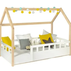Lit cabane pour enfant blanc et hêtre 80x160 cm