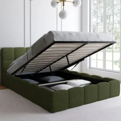 Lit coffre double avec sommier et tête de lit matelassée 140 x 190 cm tissu bouclette vert kaki