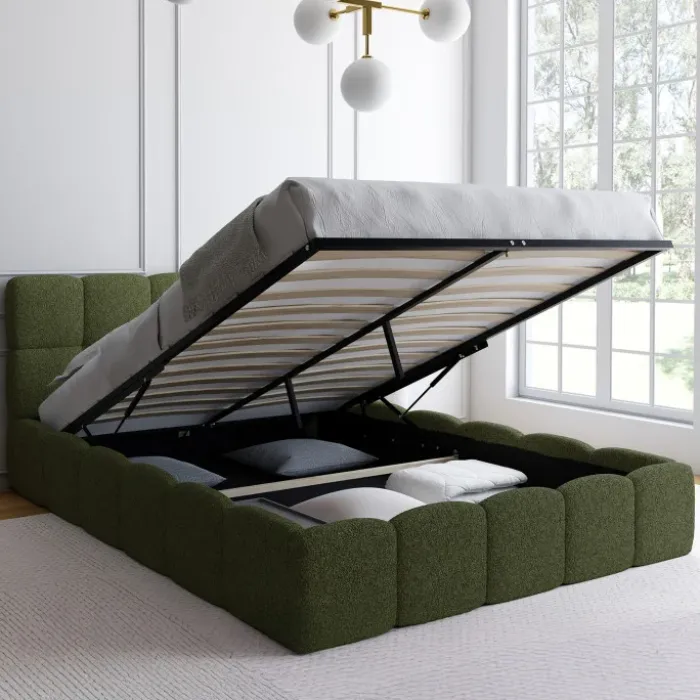 Lit coffre double avec sommier et tête de lit matelassée 140 x 190 cm tissu bouclette vert kaki