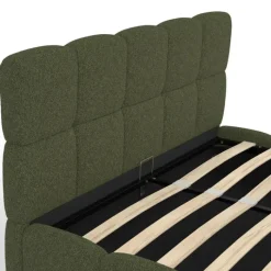 Lit coffre double avec sommier et tête de lit matelassée 140 x 190 cm tissu bouclette vert kaki
