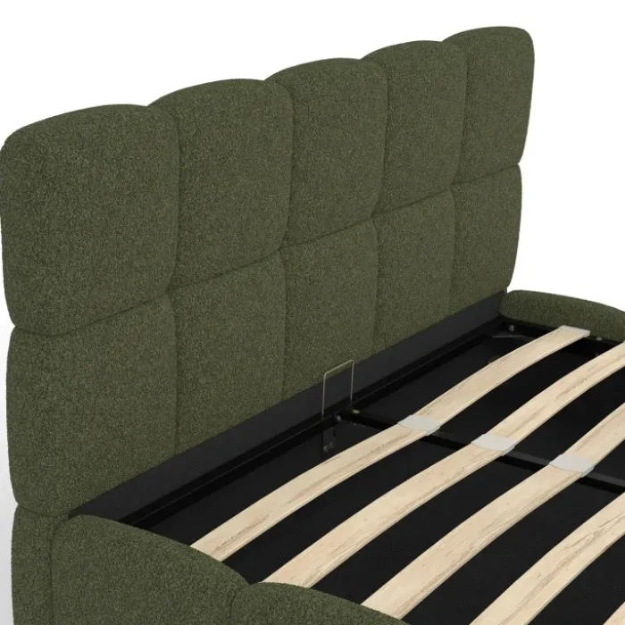 Lit coffre double avec sommier et tête de lit matelassée 140 x 190 cm tissu bouclette vert kaki