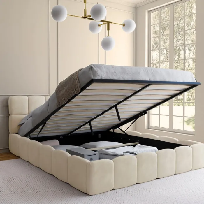 Lit coffre double avec sommier 160 x 200 cm et tête de lit matelassée velours beige
