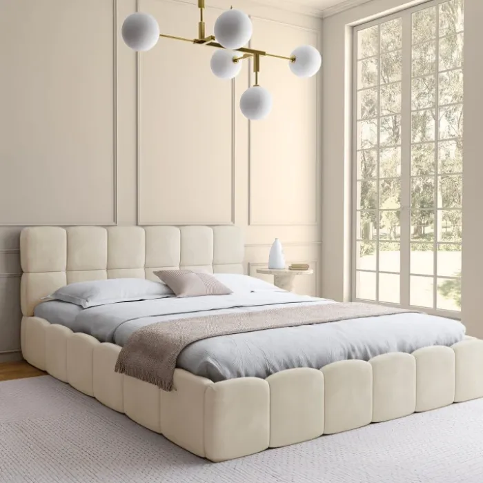 Lit coffre double avec sommier 160 x 200 cm et tête de lit matelassée velours beige