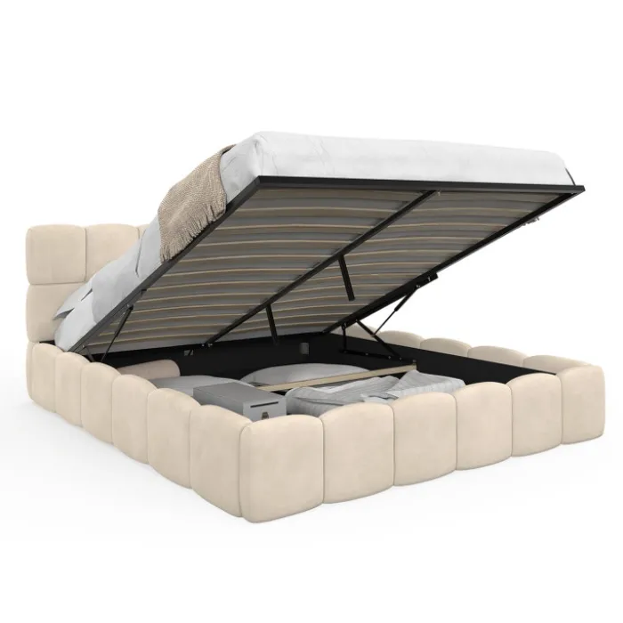 Lit coffre double avec sommier 160 x 200 cm et tête de lit matelassée velours beige