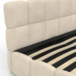 Lit coffre double avec sommier 160 x 200 cm et tête de lit matelassée velours beige