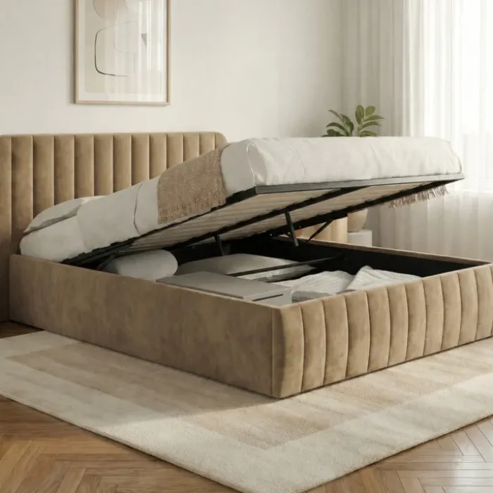 Lit coffre double avec tête de lit et sommier 140 x 190 cm velours taupe