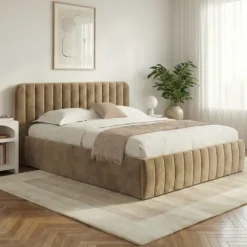 Lit coffre double avec tête de lit et sommier 140 x 190 cm velours taupe