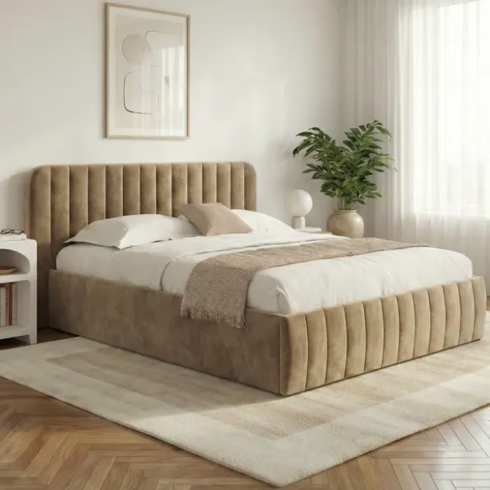 Lit coffre double avec tête de lit et sommier 140 x 190 cm velours taupe