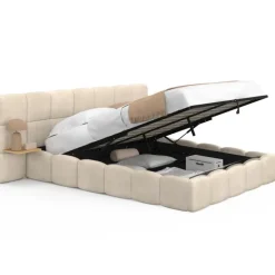 Lit coffre double avec tête de lit matelassée + tables de chevet intégrées et sommier 140 x 190 cm velours beige
