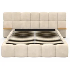 Lit coffre double avec tête de lit matelassée + tables de chevet intégrées et sommier 140 x 190 cm velours beige