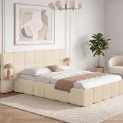 Lit coffre double avec tête de lit matelassée + tables de chevet intégrées et sommier 140 x 190 cm velours beige