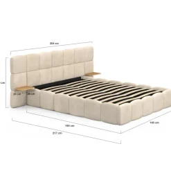 Lit coffre double avec tête de lit matelassée + tables de chevet intégrées et sommier 140 x 190 cm velours beige
