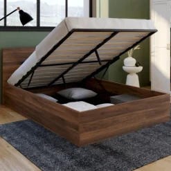 Lit coffre double avec tête de lit et sommier 140 x 190 cm effet noyer