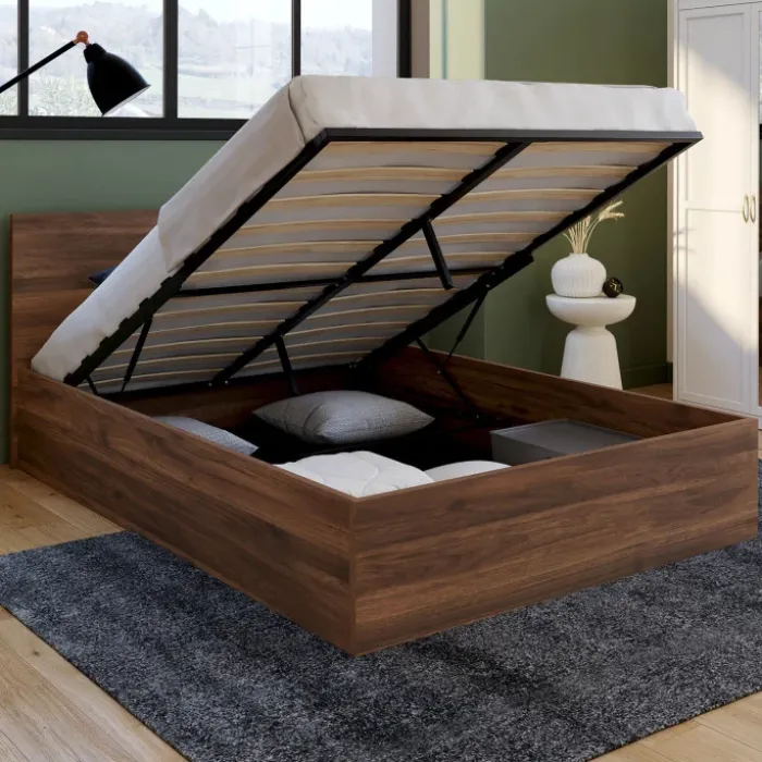 Lit coffre double avec tête de lit et sommier 140 x 190 cm effet noyer