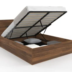 Lit coffre double avec tête de lit et sommier 140 x 190 cm effet noyer