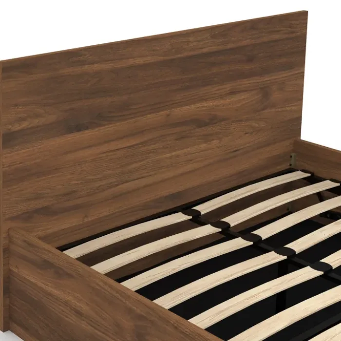 Lit coffre double avec tête de lit et sommier 140 x 190 cm effet noyer