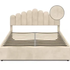 Lit coffre double avec tête de lit et sommier 160 x 200 cm velours beige