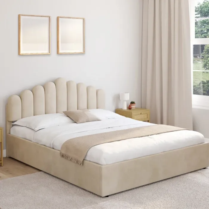 Lit coffre double avec tête de lit et sommier 160 x 200 cm velours beige