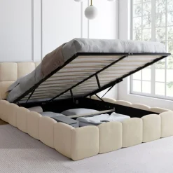 Lit coffre double avec tête de lit matelassée et sommier de 140 x 190 cm en velours beige