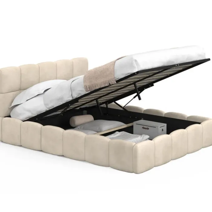 Lit coffre double avec tête de lit matelassée et sommier de 140 x 190 cm en velours beige