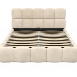 Lit coffre double avec tête de lit matelassée et sommier de 140 x 190 cm en velours beige