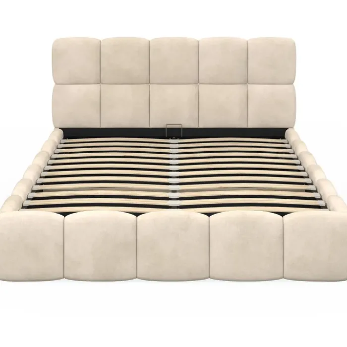 Lit coffre double avec tête de lit matelassée et sommier de 140 x 190 cm en velours beige