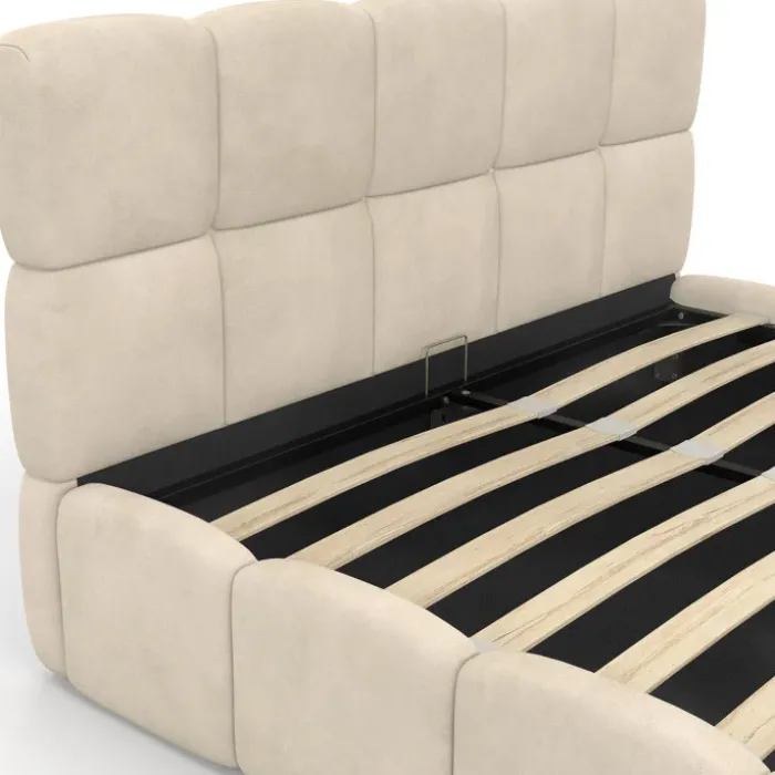 Lit coffre double avec tête de lit matelassée et sommier de 140 x 190 cm en velours beige