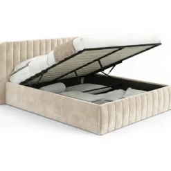 Lit coffre double avec tête de lit en velours beige 160x200 cm