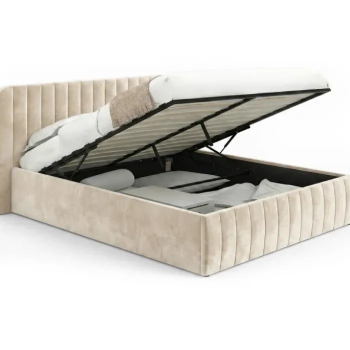 Lit coffre double avec tête de lit en velours beige 160x200 cm