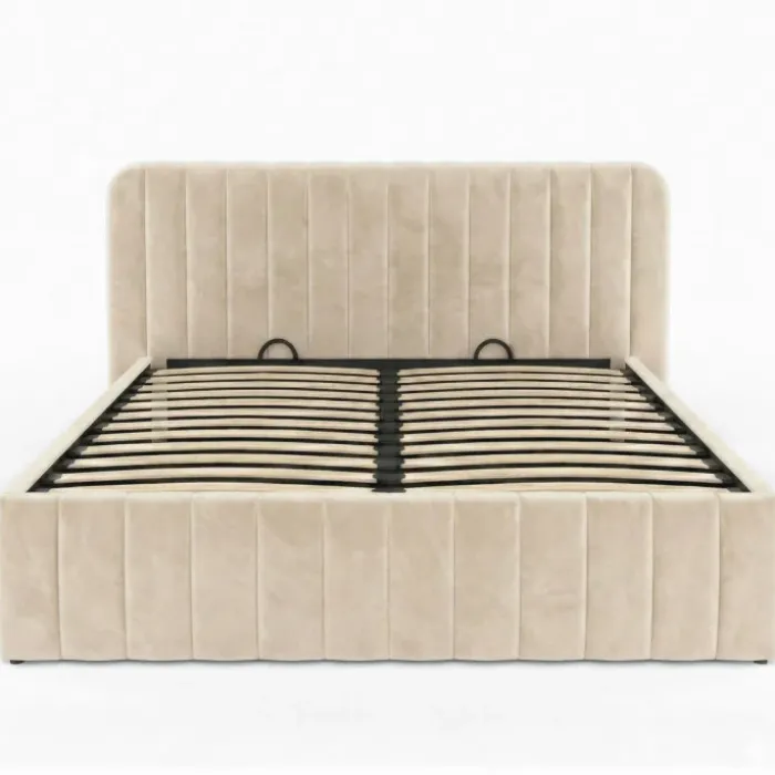 Lit coffre double avec tête de lit en velours beige 160x200 cm