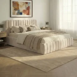 Lit coffre double avec tête de lit en velours beige 160x200 cm