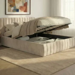 Lit coffre double avec tête de lit en velours beige 160x200 cm