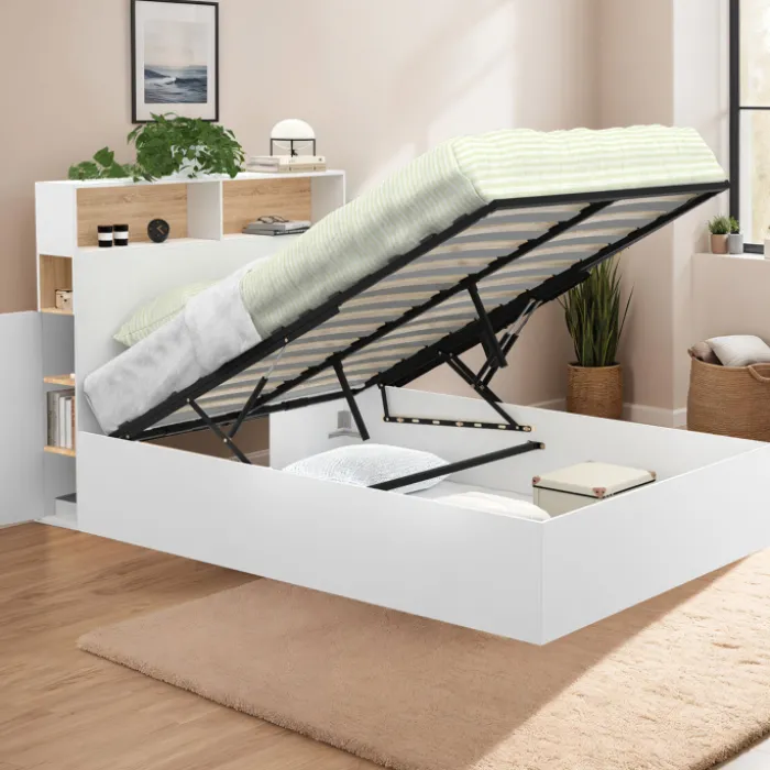 Lit coffre double avec tête de lit, rangements et sommier blanc et bois