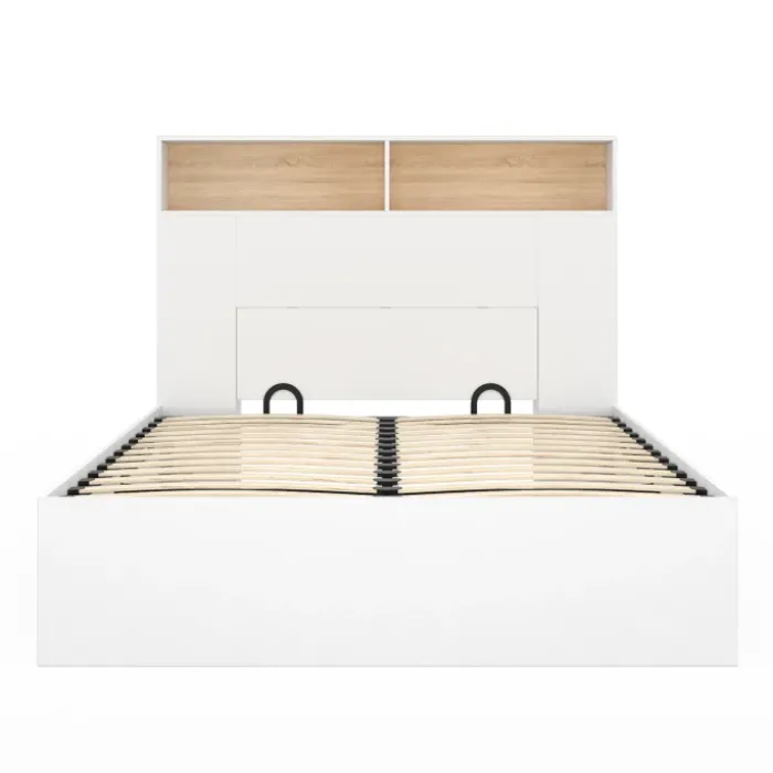 Lit coffre double avec tête de lit, rangements et sommier blanc et bois