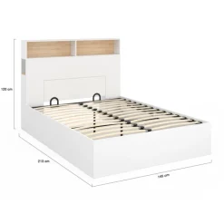 Lit coffre double avec tête de lit, rangements et sommier blanc et bois
