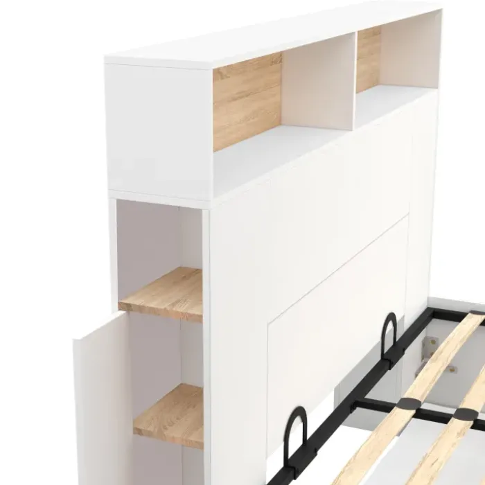 Lit coffre double avec tête de lit, rangements et sommier blanc et bois