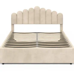 Lit coffre double avec tête de lit et sommier 140 x 190 cm velours beige