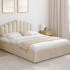 Lit coffre double avec tête de lit et sommier 140 x 190 cm velours beige