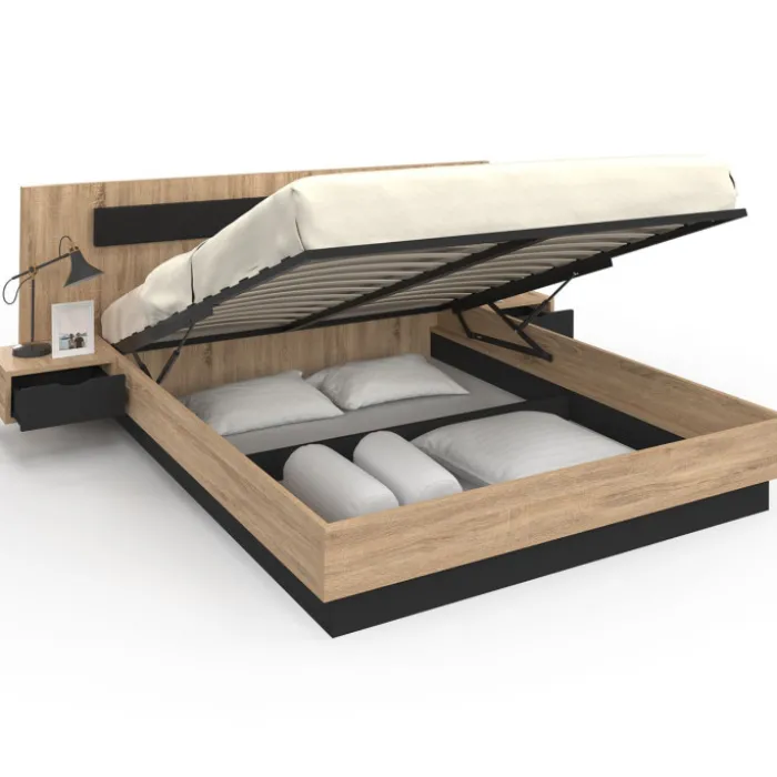 Lit coffre double avec tête de lit + tables de chevet intégrées et sommier 160 x 200 cm bois et noir